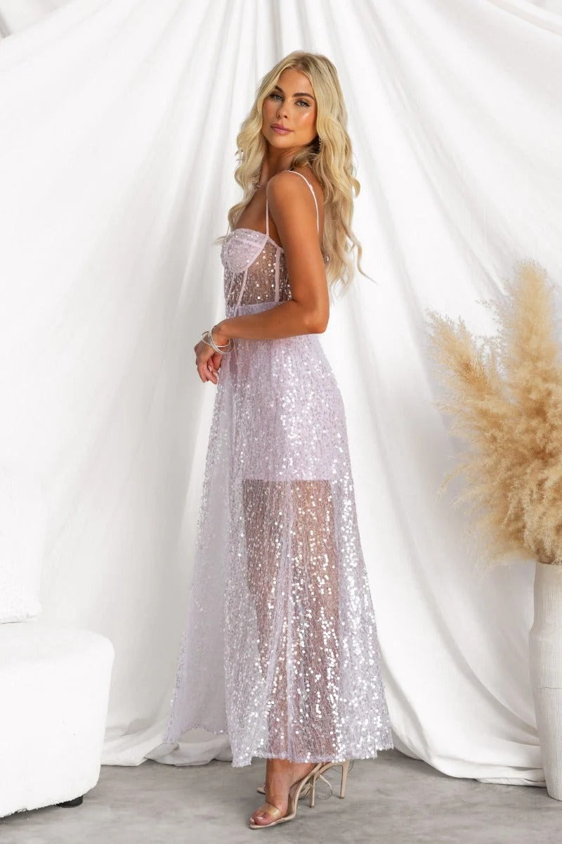 LAVENDER SEQUIN CORSET MAXI DRESS FOR PARTY