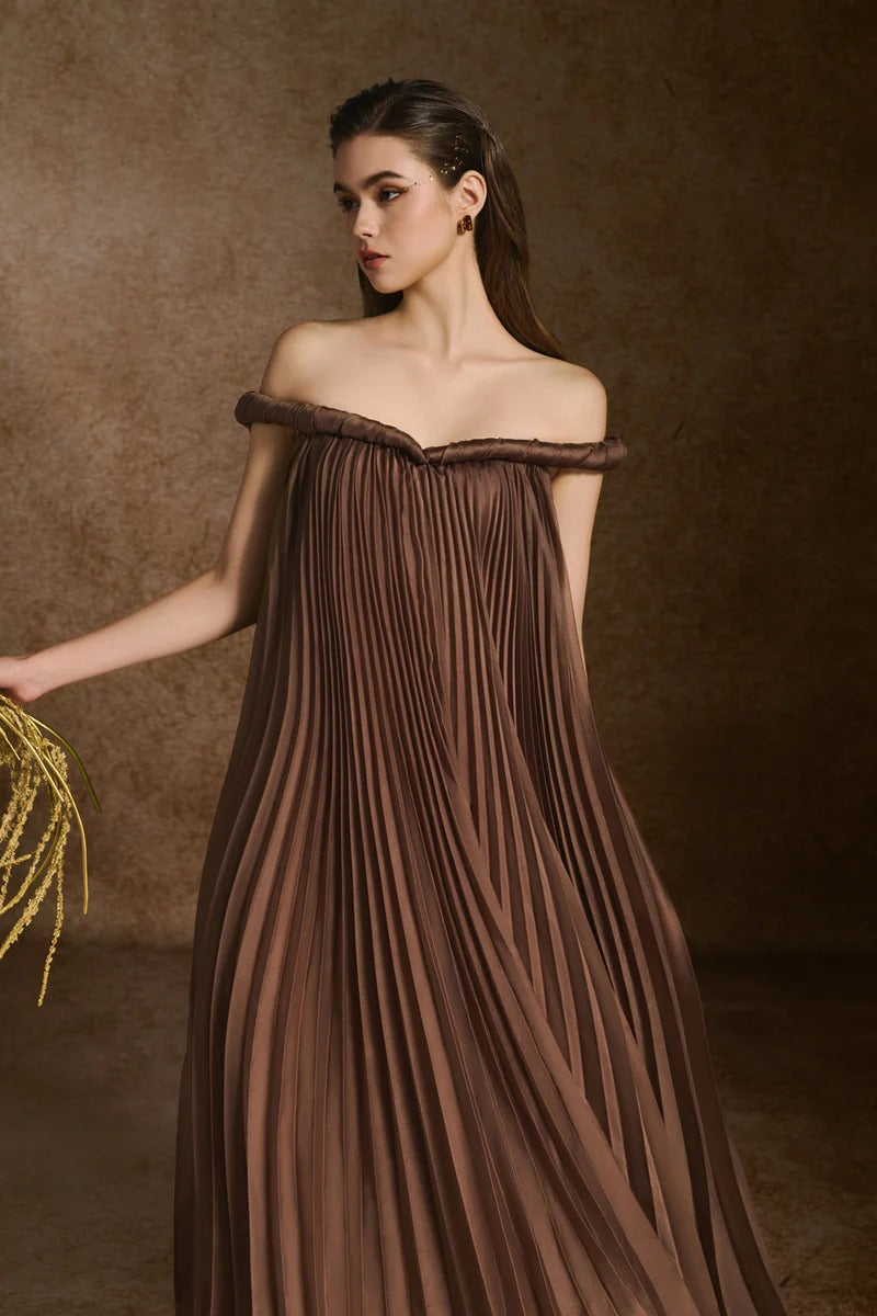 ELEGANT A-LINE OFF-SHOULDER BROWN SILK MAXI DRESS