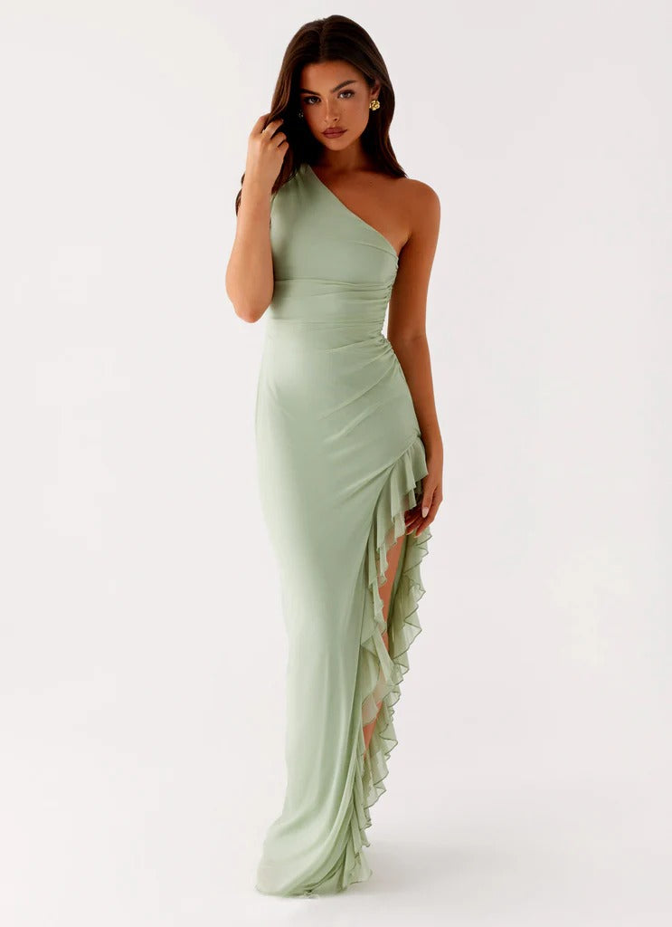 ONE-SHOULDER SAGE MAXI DRESS WITH RUFFLE SLIT
