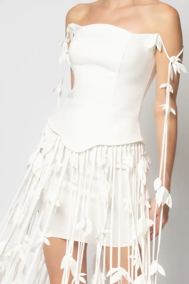 HILARY WHITE FLORAL TASSEL STRAPLESS MINI DRESS