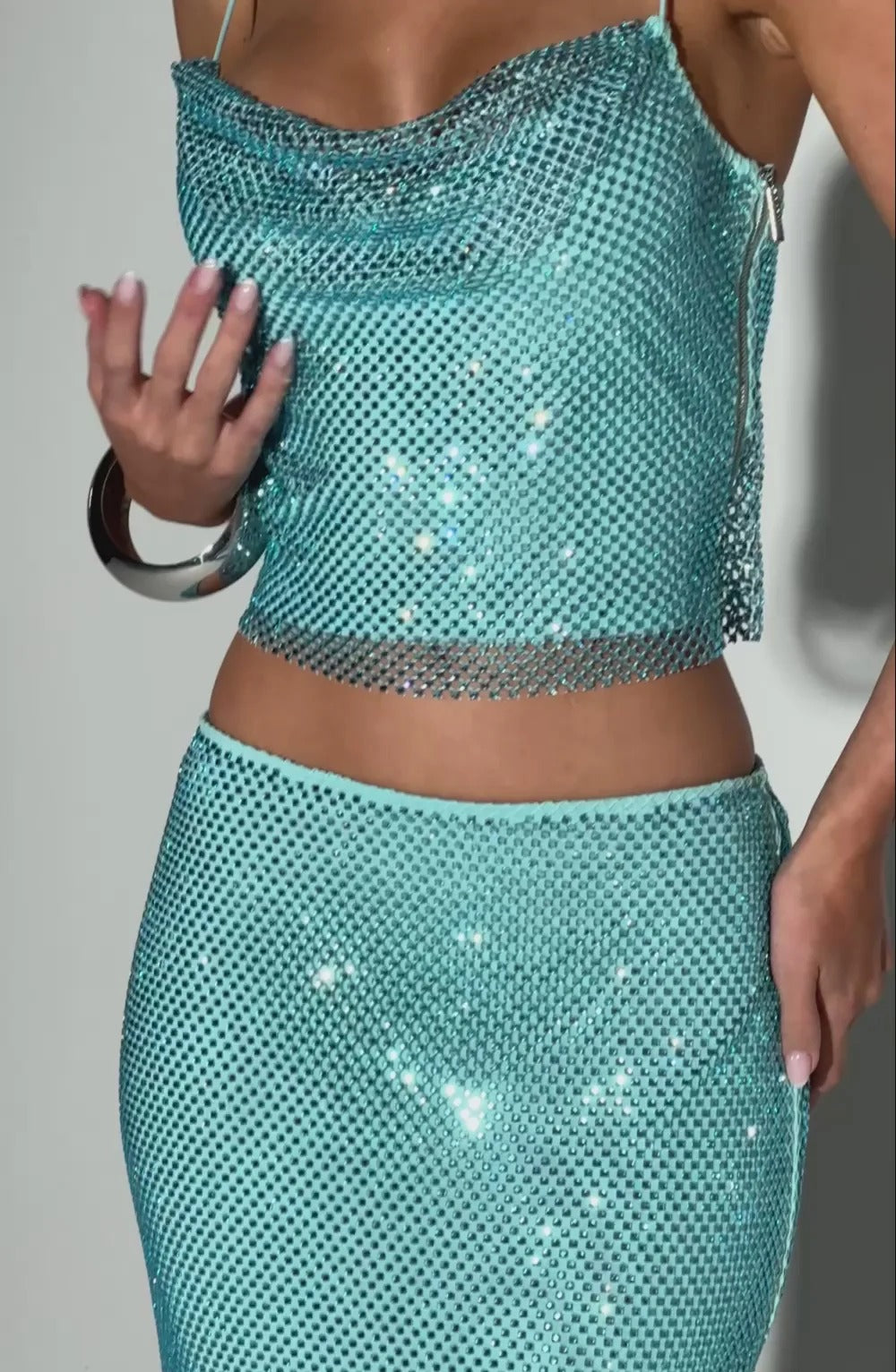 SEQUIN TUBE TOP MAXI SKIRT SUIT - BLUE EVENING