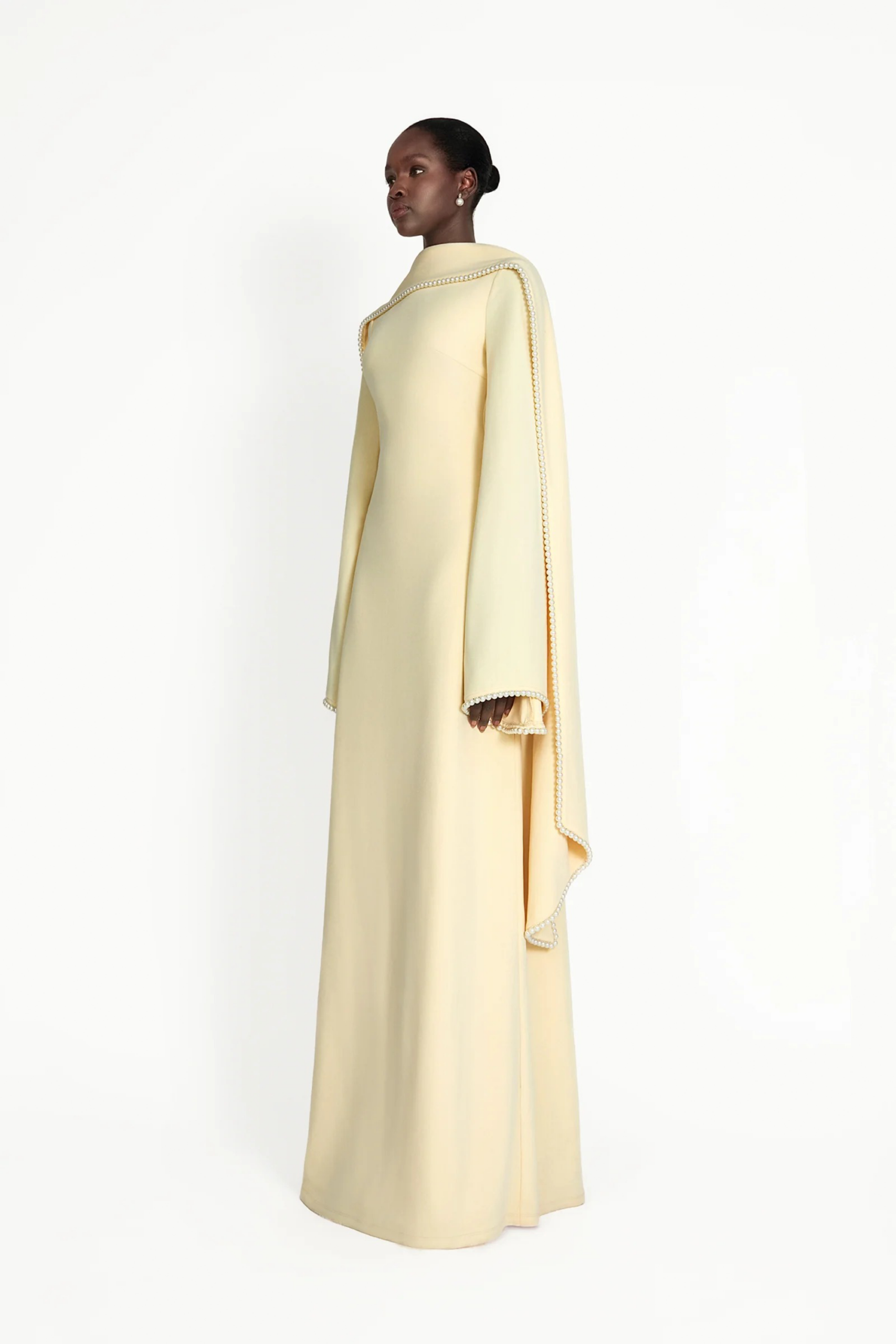 MURRAY YELLOW PEARL TRIM SHAWL MAXI DRESS