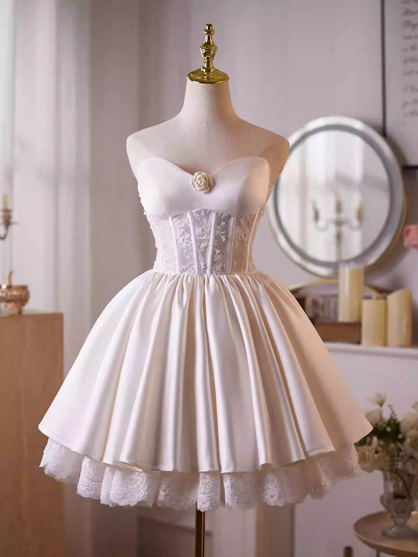 HELEN WHITE LACE SATIN STRAPLESS MINI DRESS