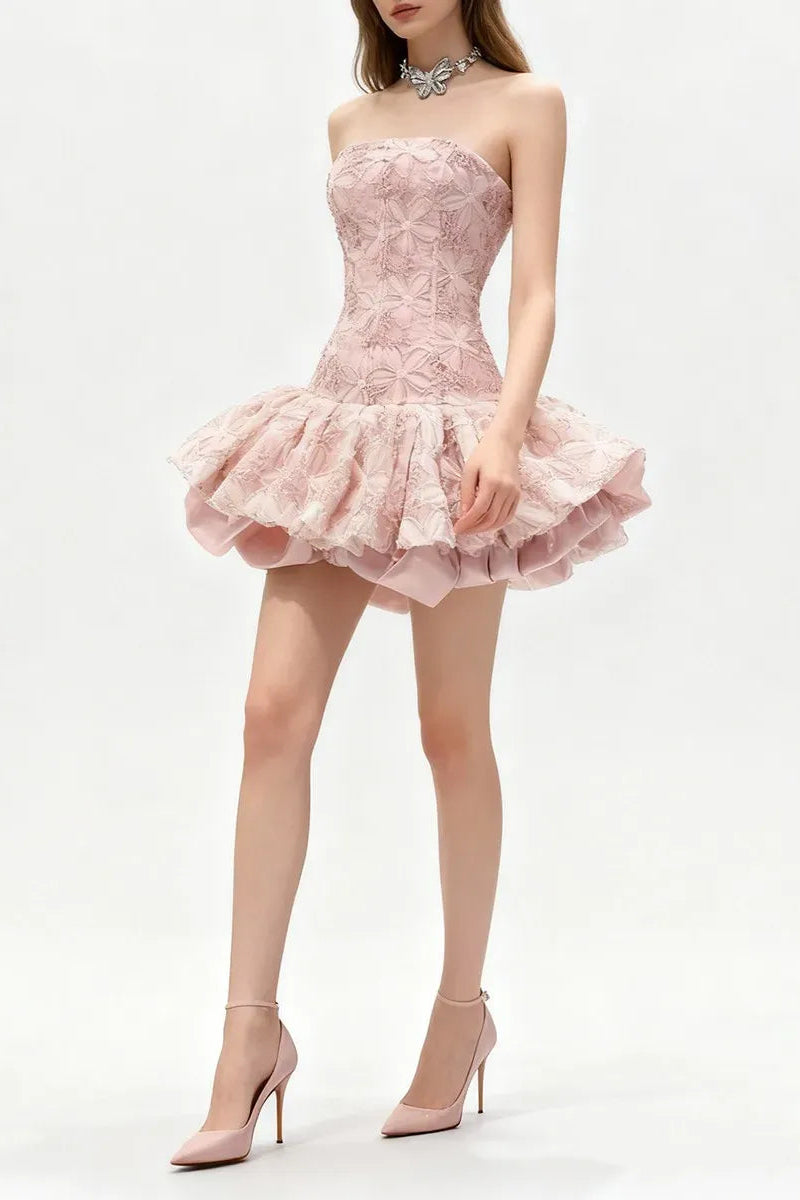 KATHERINE EMBROIDERED LACE RUFFLE MINI DRESS, PINK