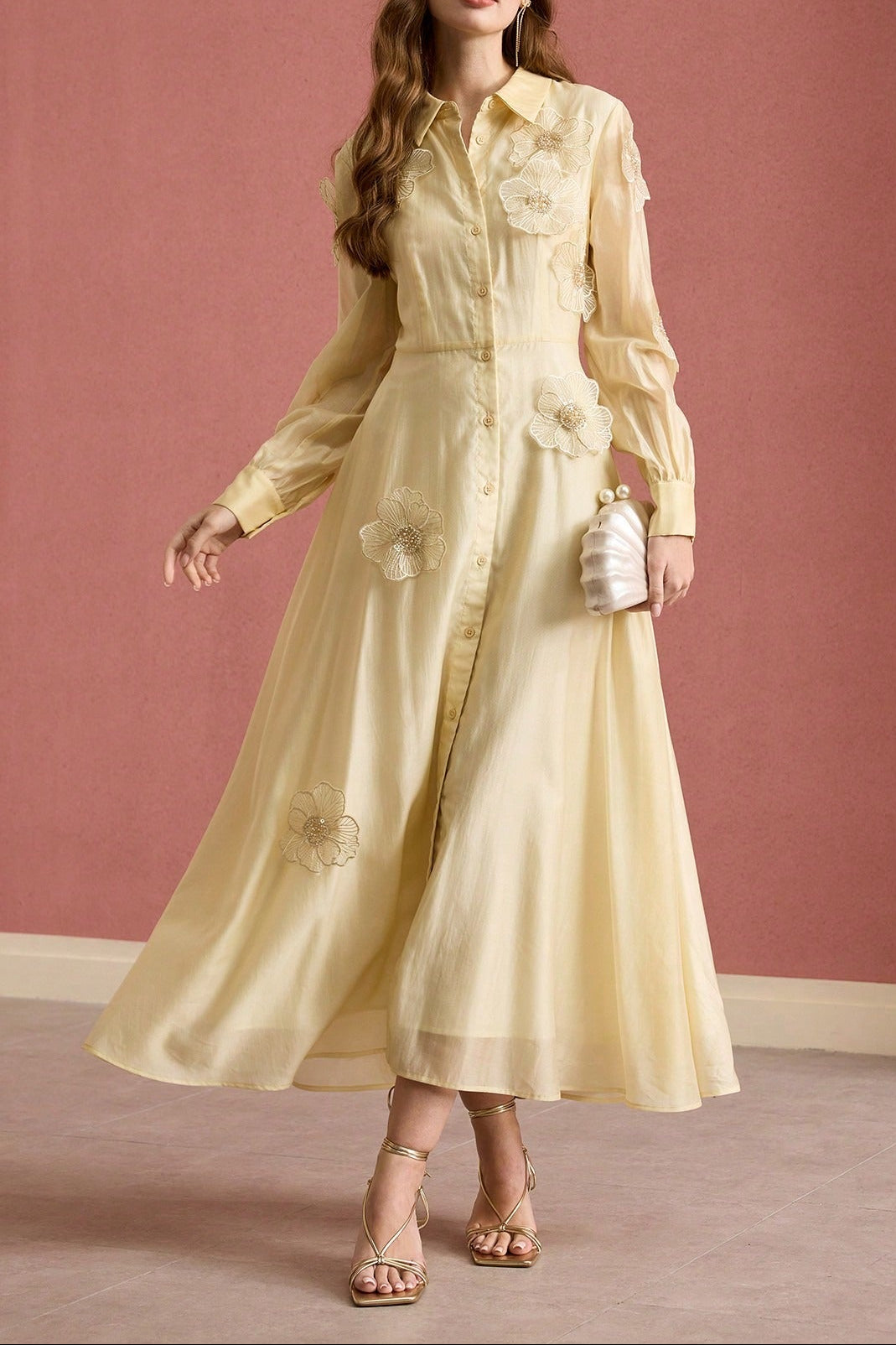 SUSANNA FLORAL APPLIQUE MIDI SHIRT DRESS YELLOW