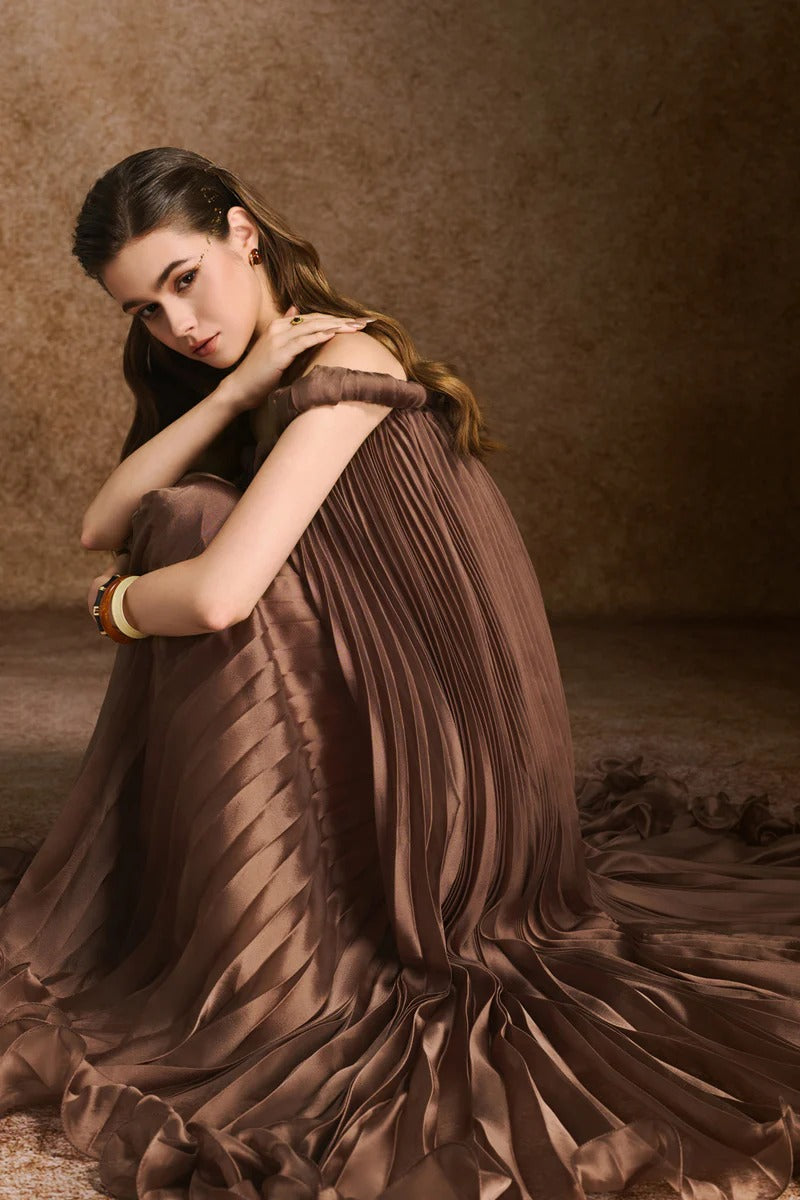 ELEGANT A-LINE OFF-SHOULDER BROWN SILK MAXI DRESS
