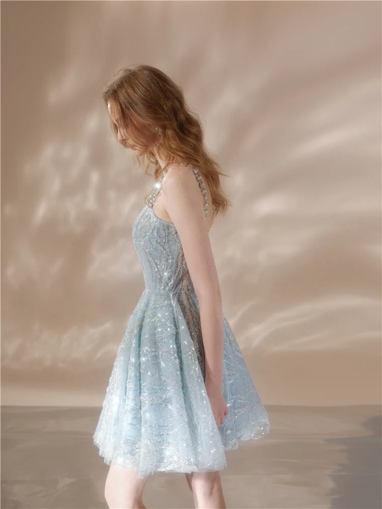 RHINESTONE STRAP HEM BLUE COCKTAIL DRESS