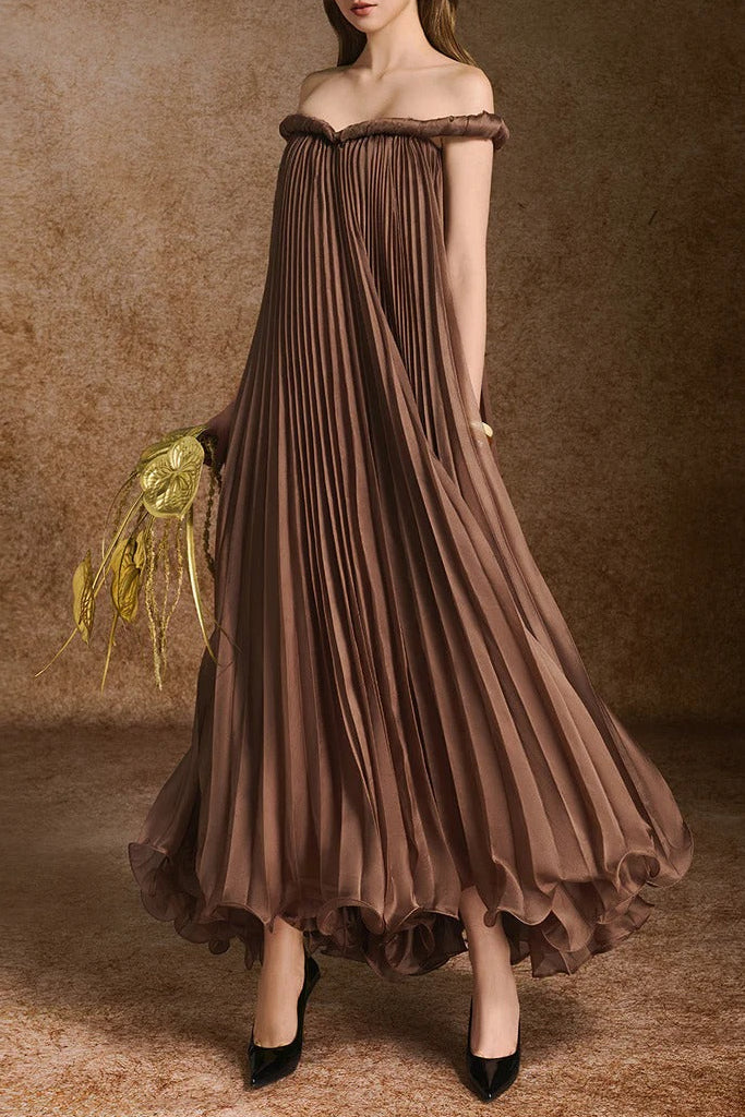 ELEGANT A-LINE OFF-SHOULDER BROWN SILK MAXI DRESS