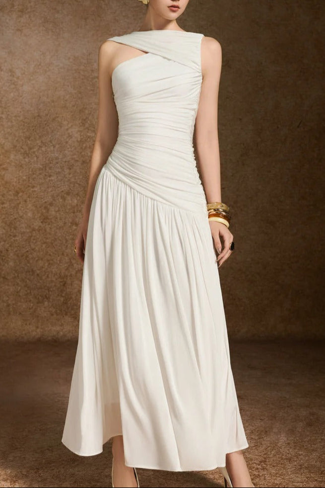 LEONA ASYMMETRIC NECK A-LINE ANKLE DRESS