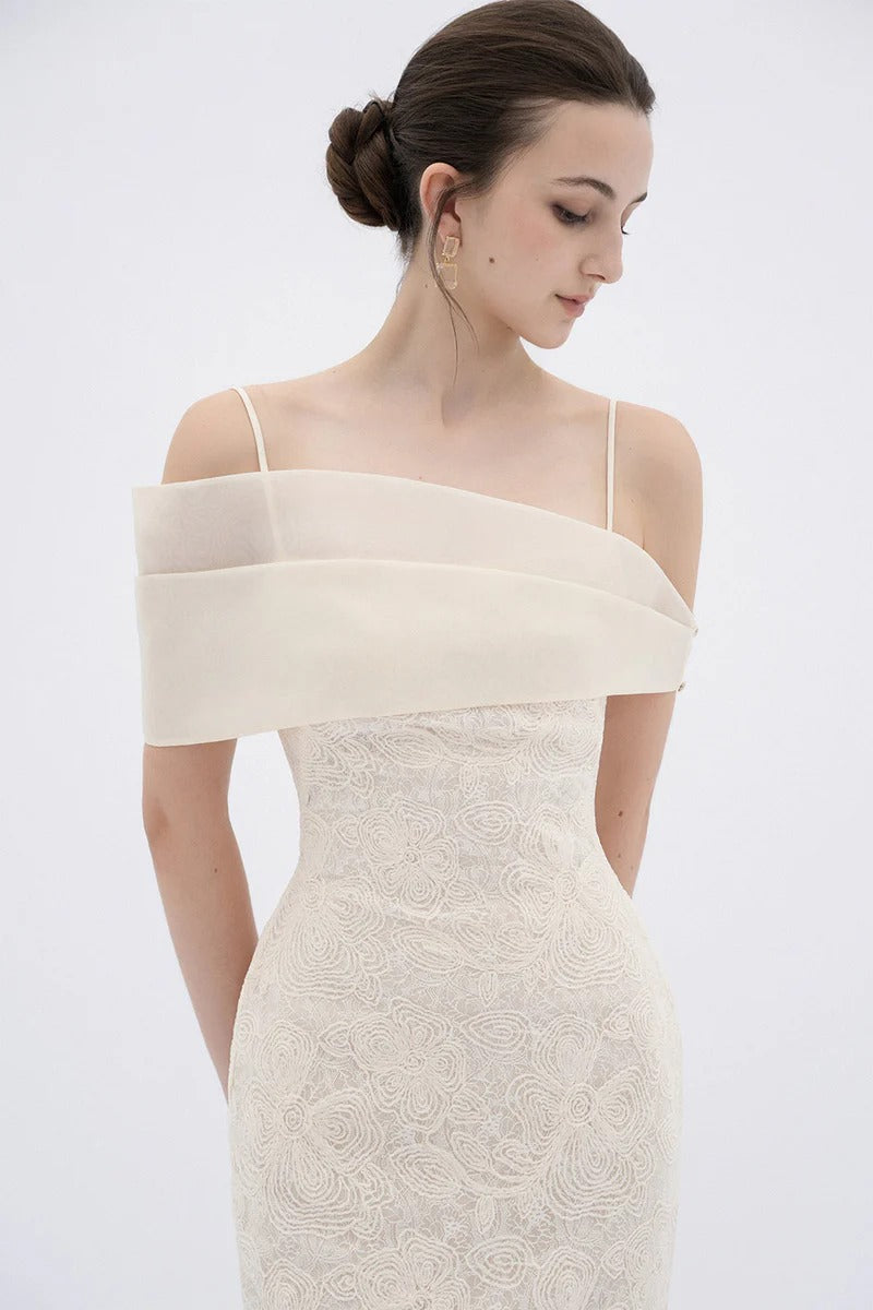 TIFFANY APRICOT OFF-SHOULDER LACE SHEATH MAXI DRESS