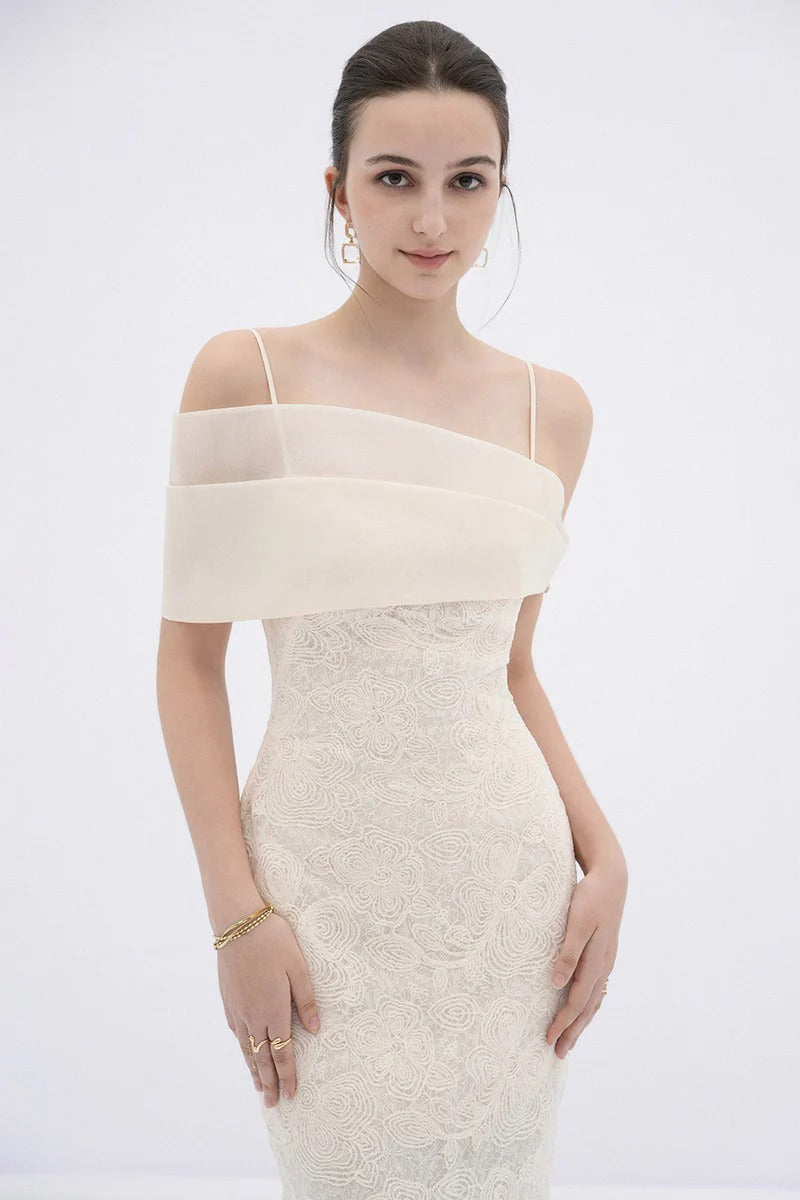 TIFFANY APRICOT OFF-SHOULDER LACE SHEATH MAXI DRESS