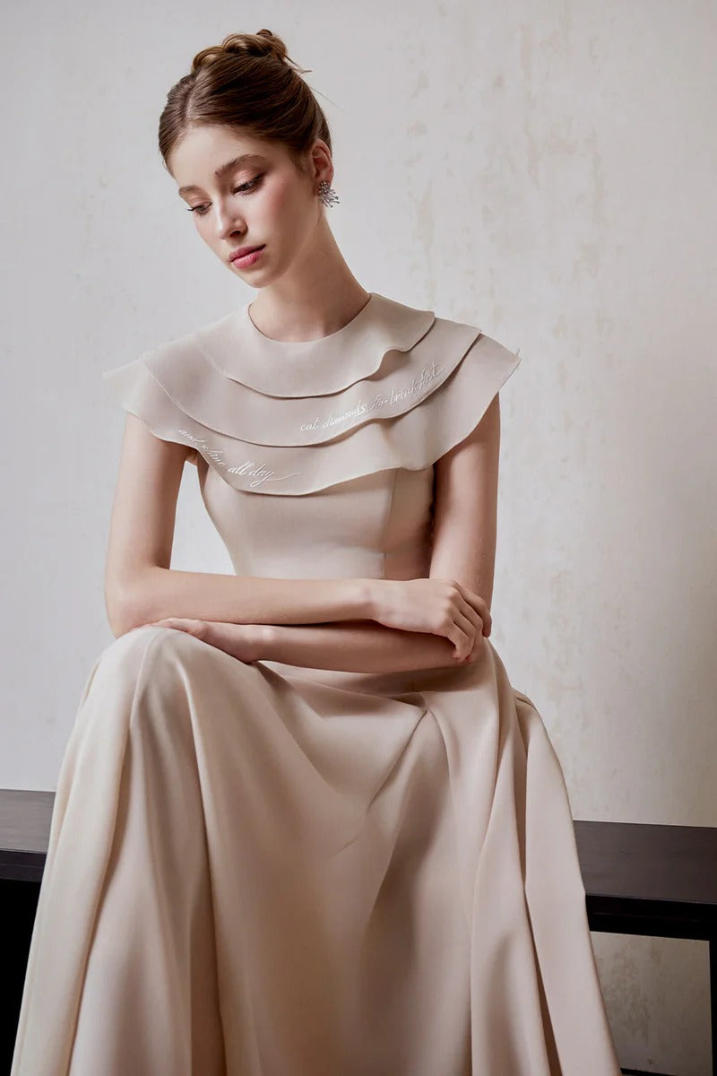 A-LINE JEWEL NECK VISCOSE MAXI DRESS IN BEIGE