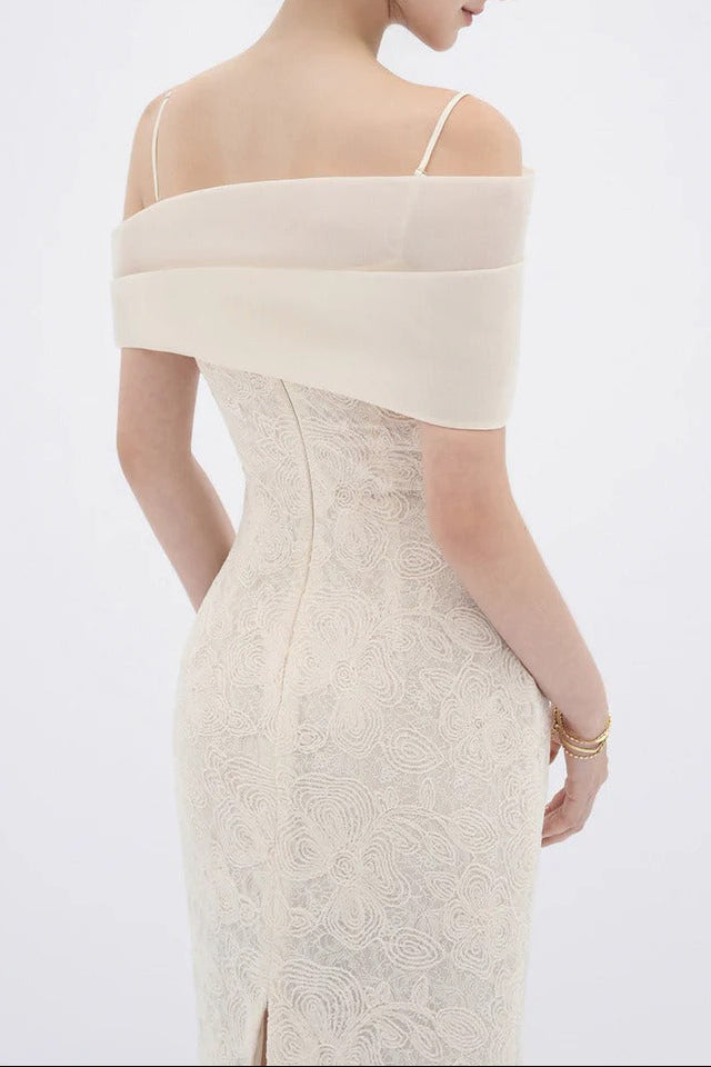 TIFFANY APRICOT OFF-SHOULDER LACE SHEATH MAXI DRESS
