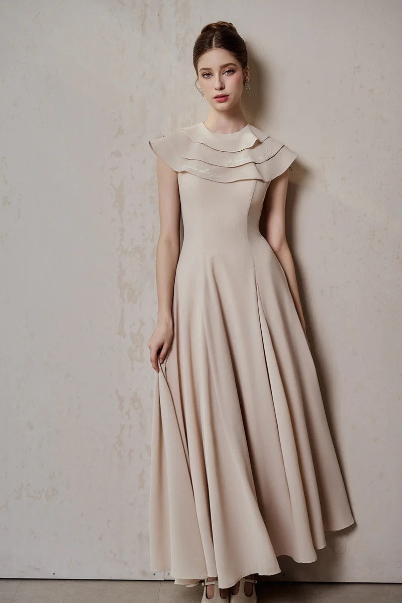 A-LINE JEWEL NECK VISCOSE MAXI DRESS IN BEIGE