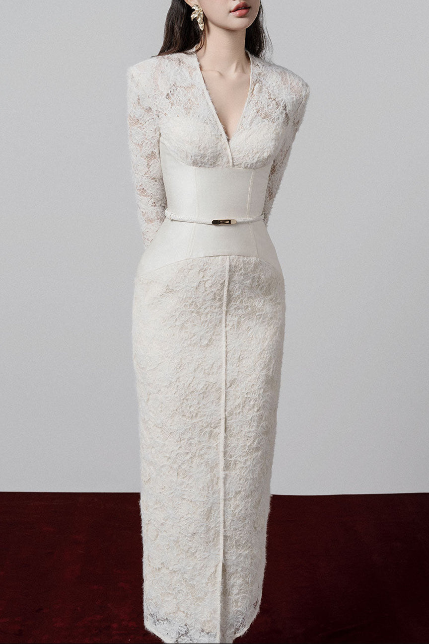 KIMBERLY WHITE V-NECK LACE MIDI DRESS