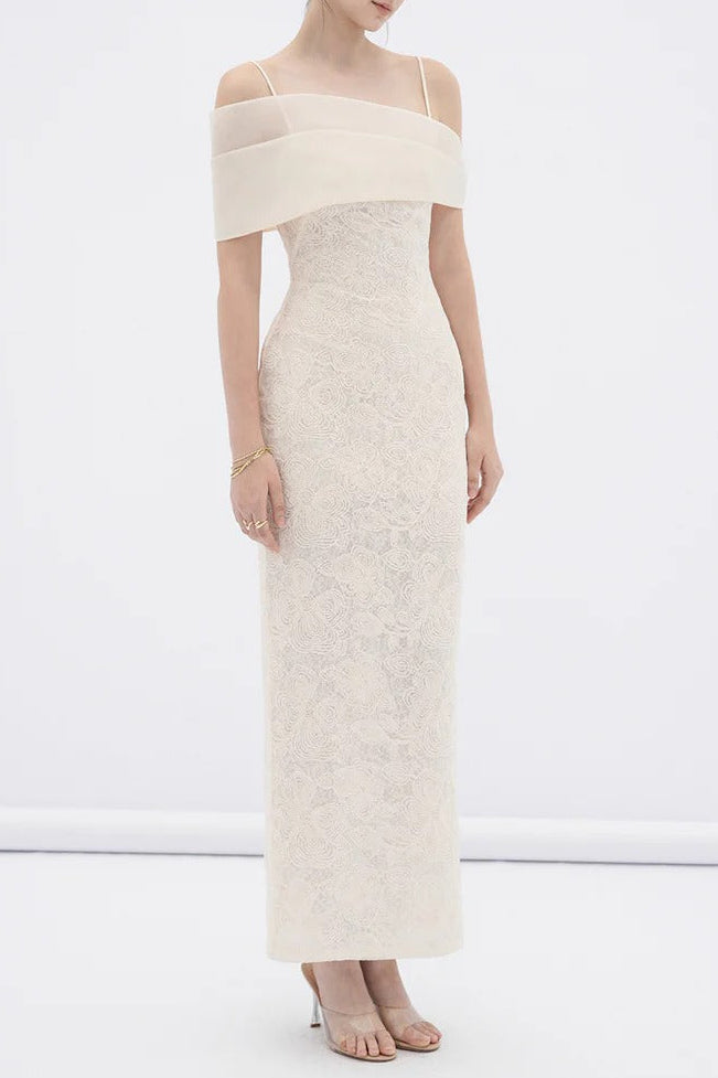 TIFFANY APRICOT OFF-SHOULDER LACE SHEATH MAXI DRESS
