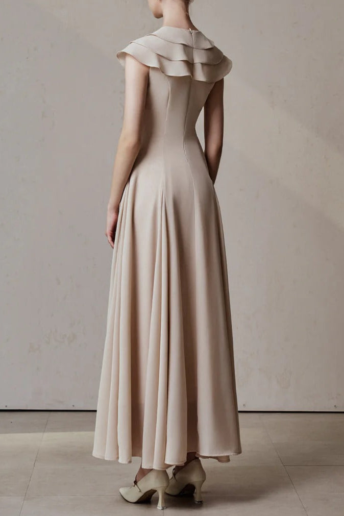 A-LINE JEWEL NECK VISCOSE MAXI DRESS IN BEIGE