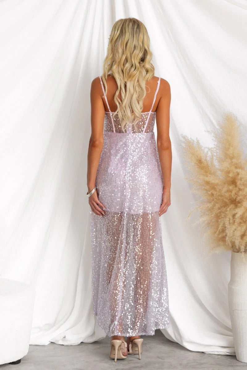 LAVENDER SEQUIN CORSET MAXI DRESS FOR PARTY