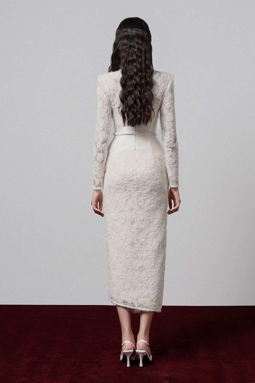 KIMBERLY WHITE V-NECK LACE MIDI DRESS