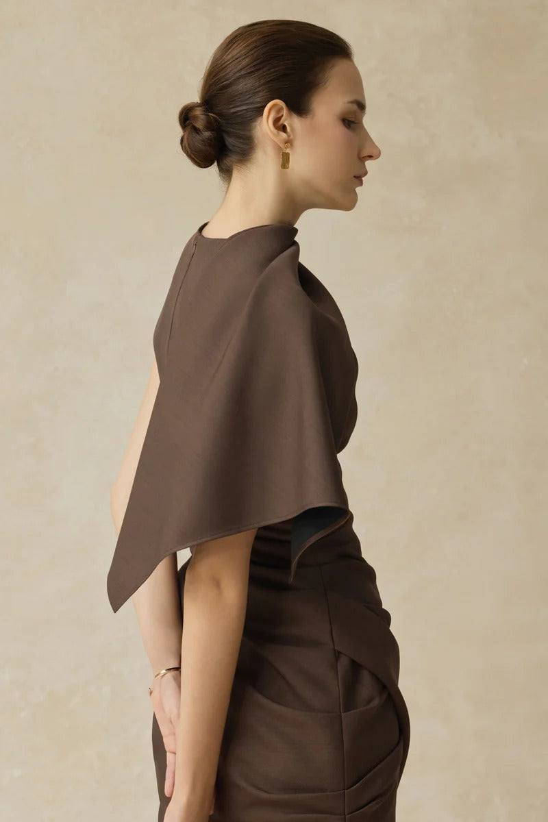 AGATHA ASYMMETRIC MINI DRESS BROWN
