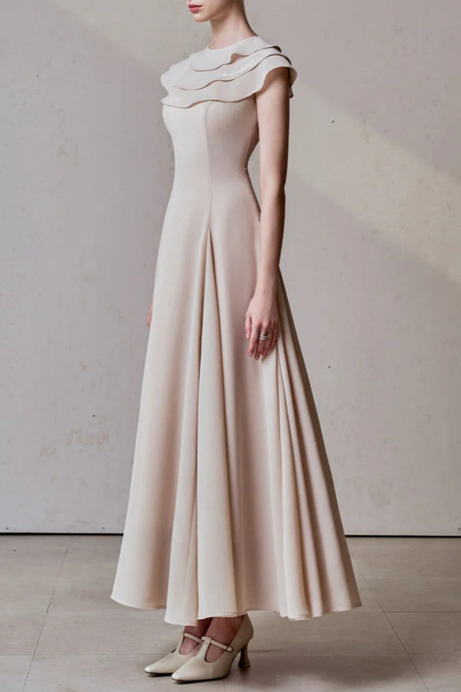 A-LINE JEWEL NECK VISCOSE MAXI DRESS IN BEIGE
