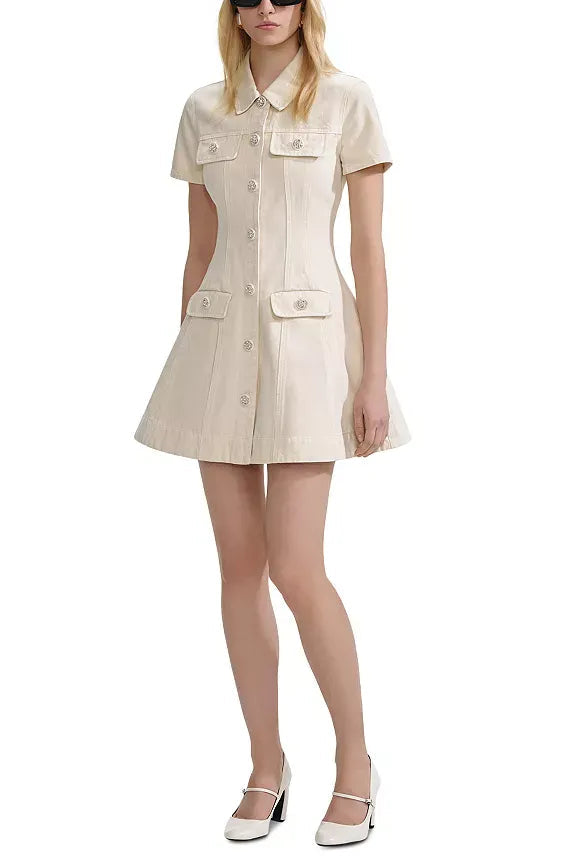 VANESSA CREAM COLLARED DENIM MINI DRESS