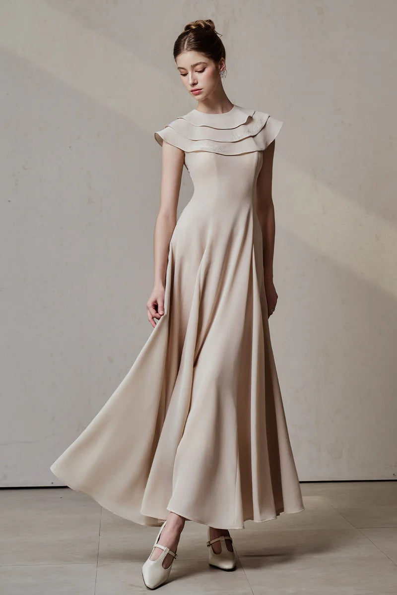 A-LINE JEWEL NECK VISCOSE MAXI DRESS IN BEIGE