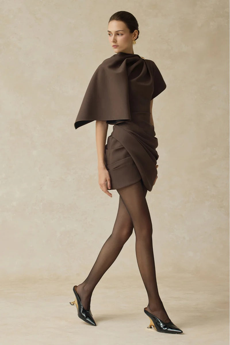 AGATHA ASYMMETRIC MINI DRESS BROWN