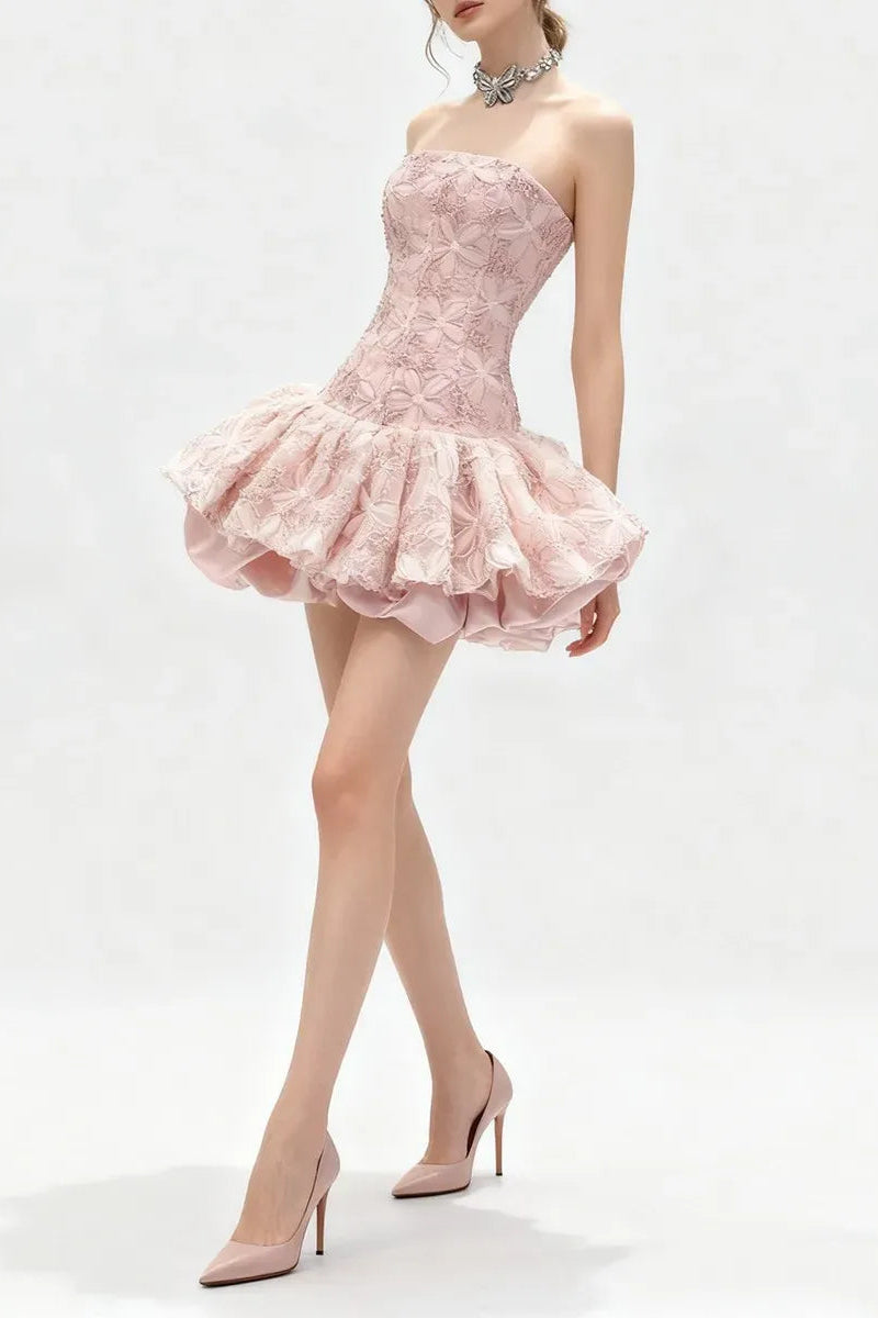 KATHERINE EMBROIDERED LACE RUFFLE MINI DRESS, PINK