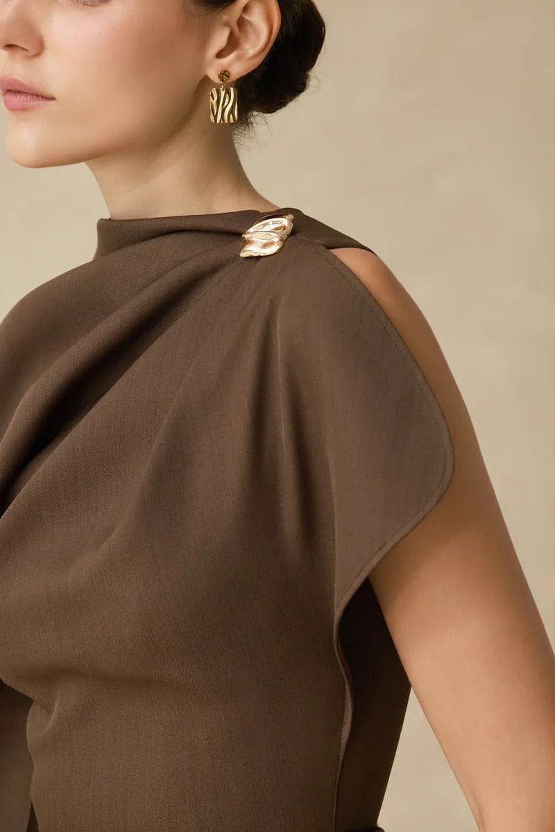 AGATHA ASYMMETRIC MINI DRESS BROWN