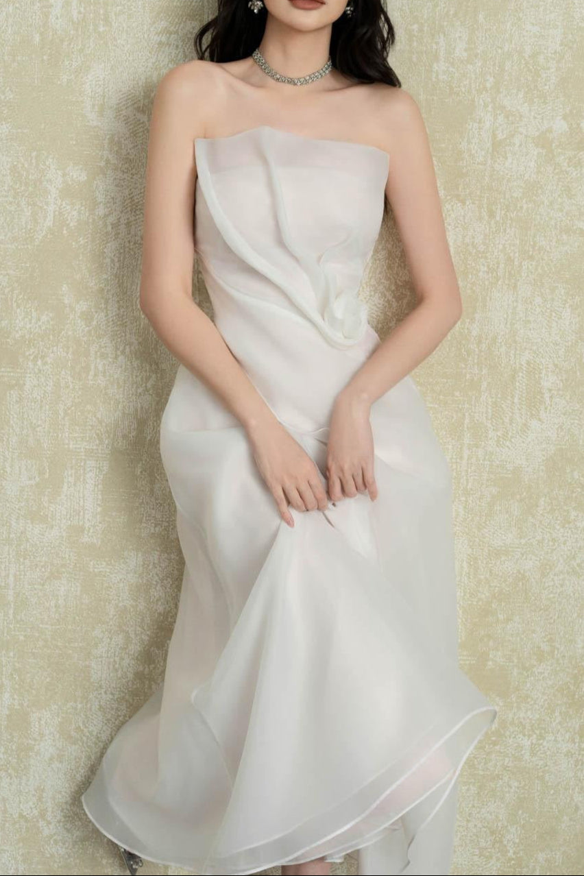 STRAPLESS ORGANZA MIDI DRESS FOR WEDDING GUEST