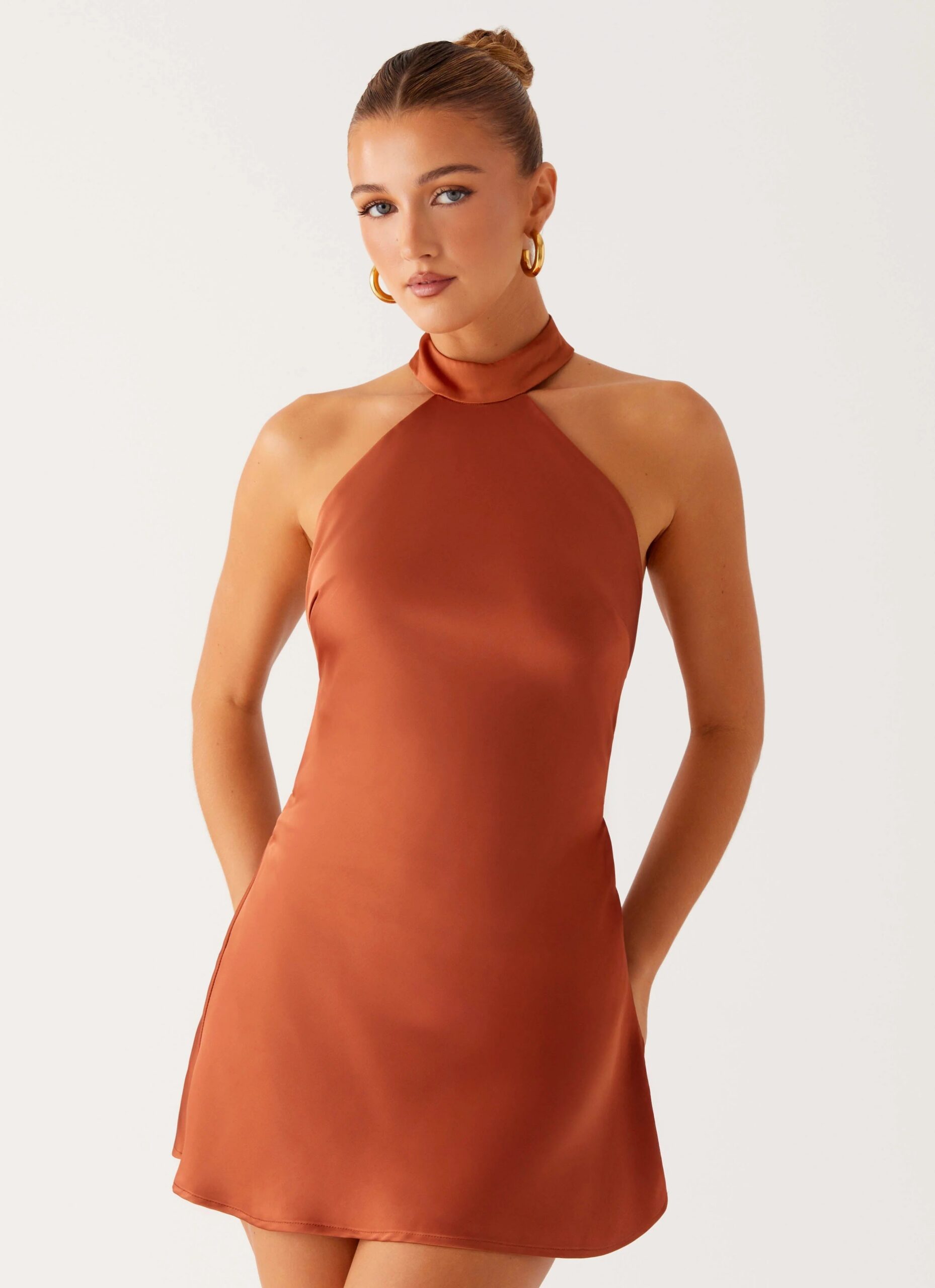 HALTER BACKLESS RUST SATIN MINI DRESS