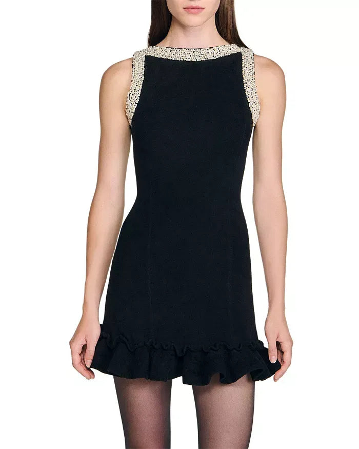 SIMONA BEADED RUFFLE MINI DRESS, BLACK