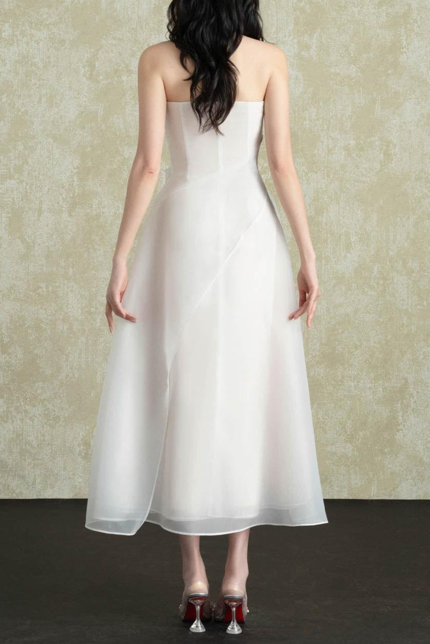 STRAPLESS ORGANZA MIDI DRESS FOR WEDDING GUEST