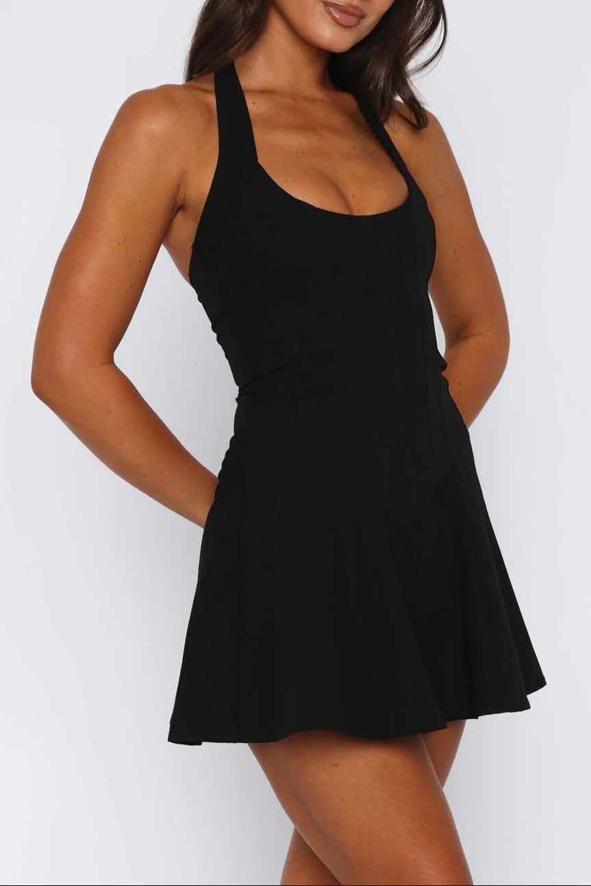 ROXANNE BACKLESS HALTER MINI DRESS BLACK