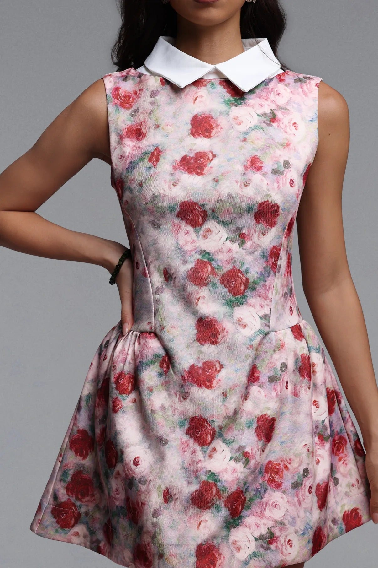 COLLARED SLEEVELESS FLORAL A-LINE MINI DRESS