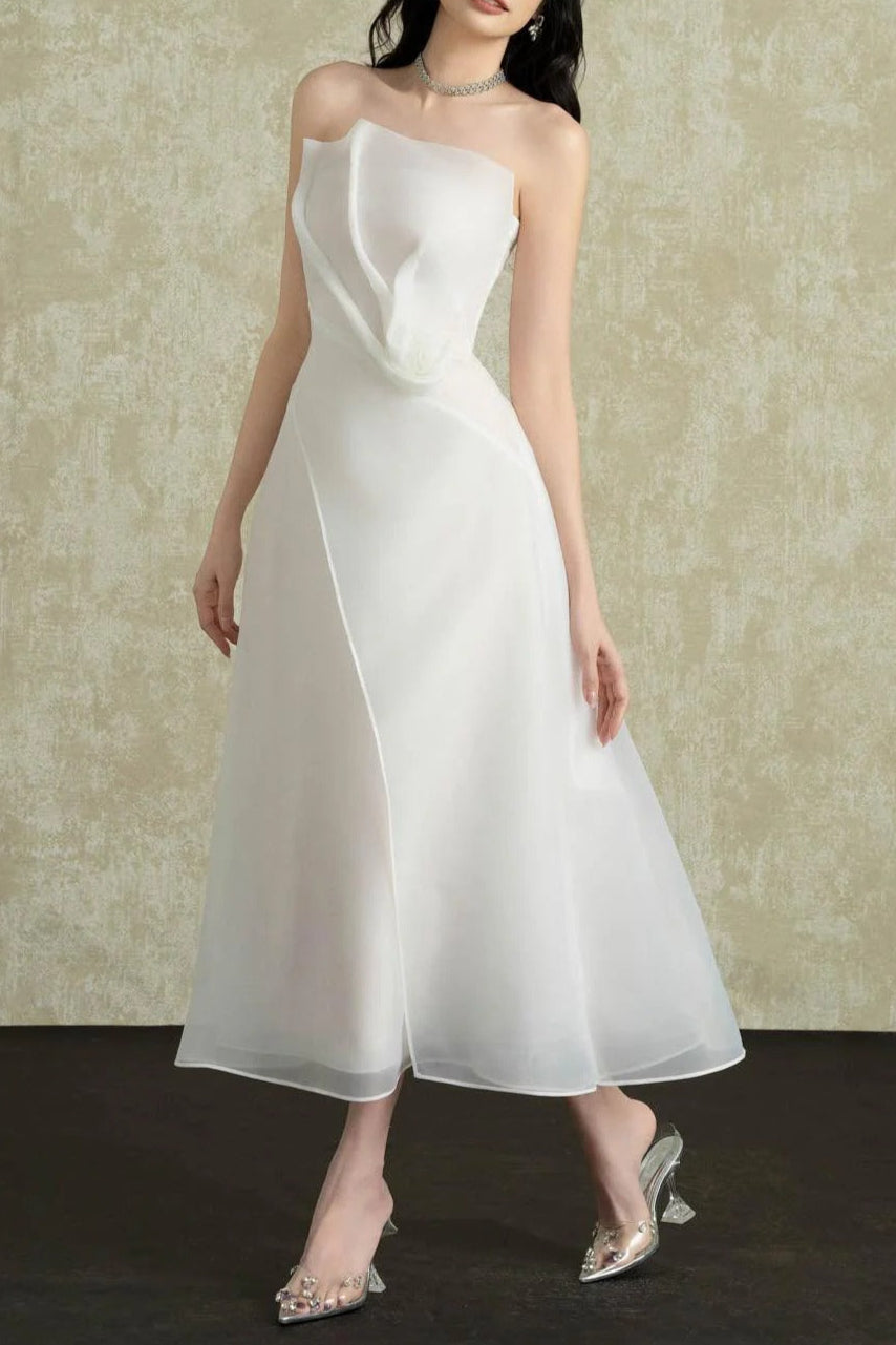 STRAPLESS ORGANZA MIDI DRESS FOR WEDDING GUEST