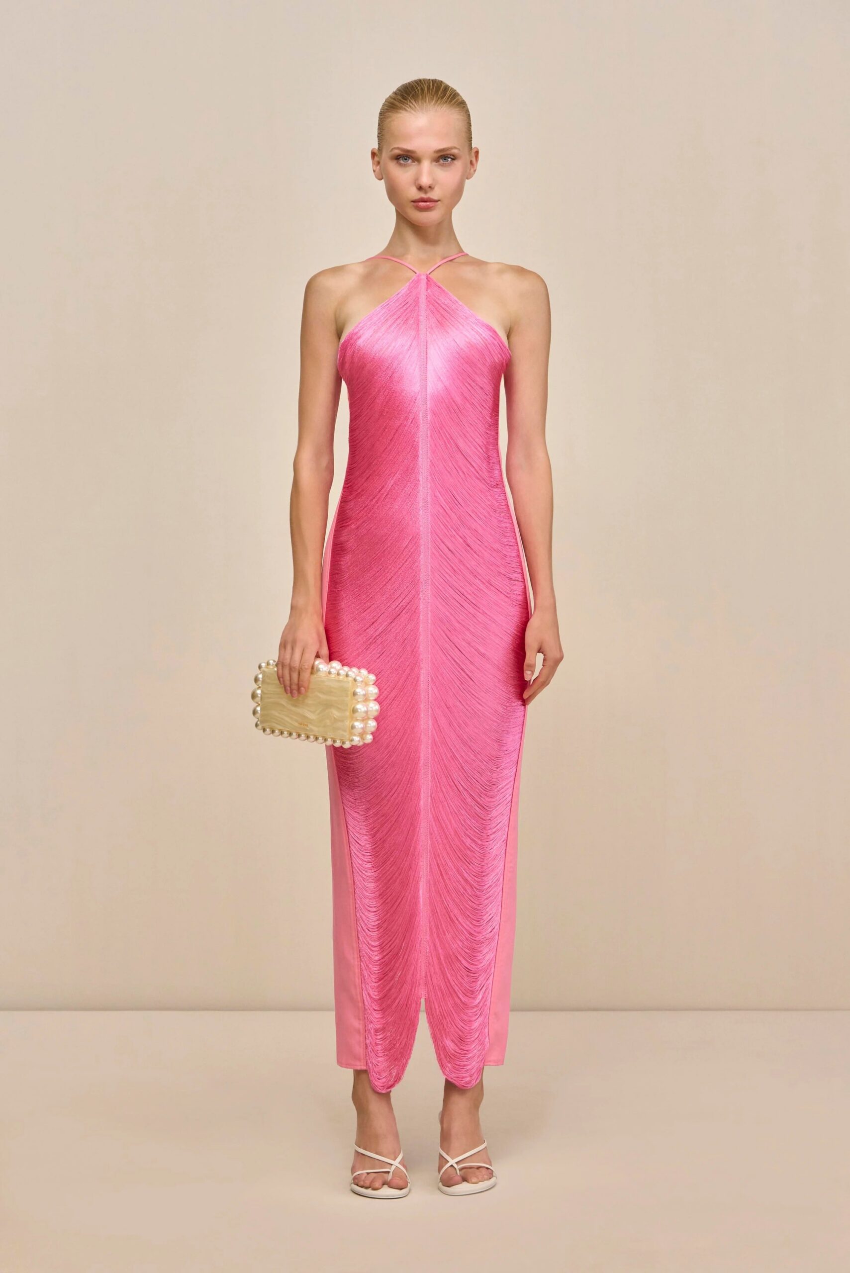 TASSEL BACK SLIT HALTER DRESS FOR PARTY