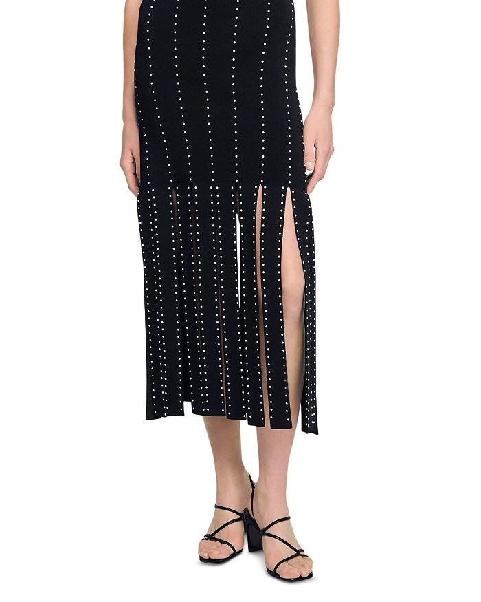 MARJORIE FRINGED BLACK KNIT MAXI DRESS