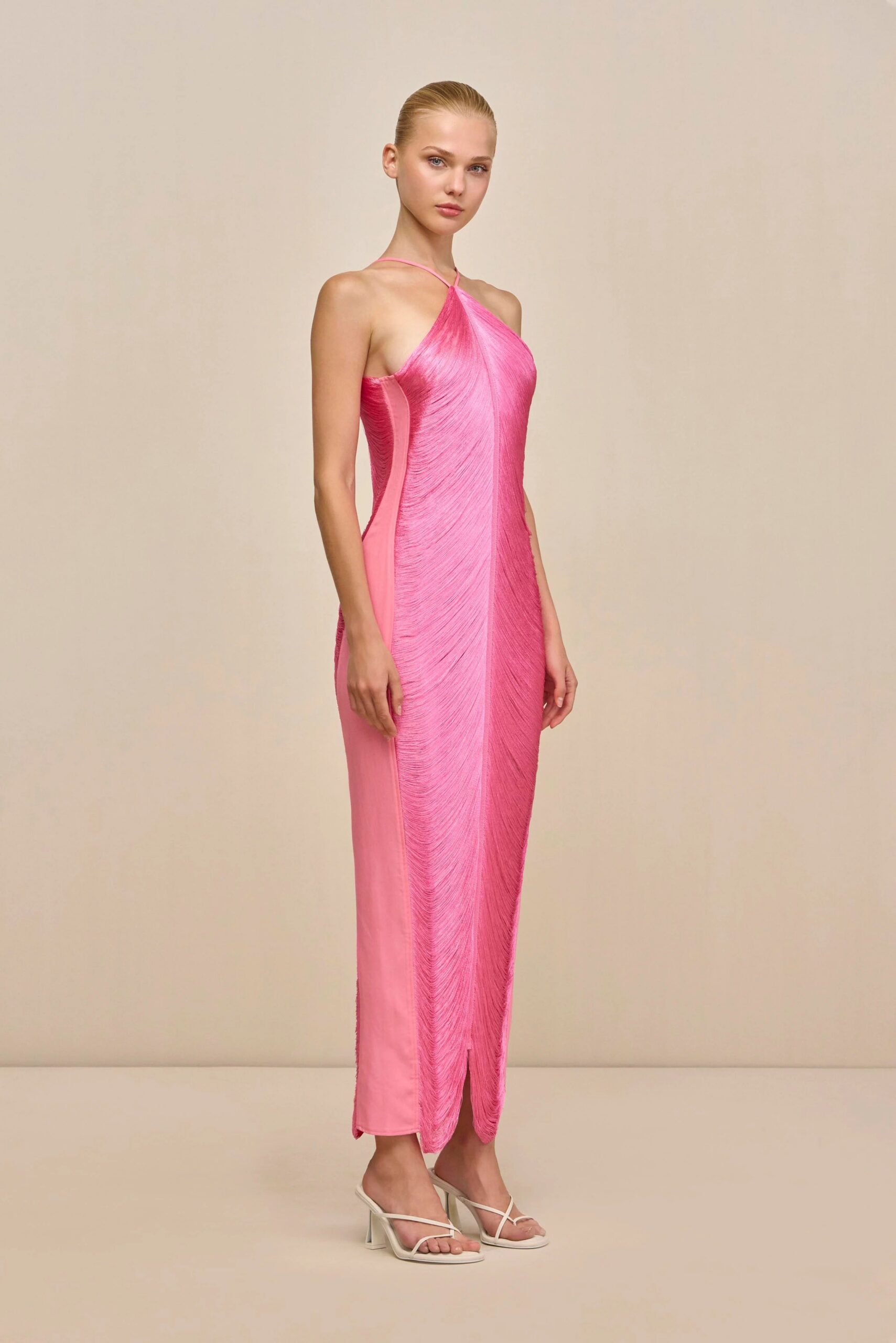 TASSEL BACK SLIT HALTER DRESS FOR PARTY