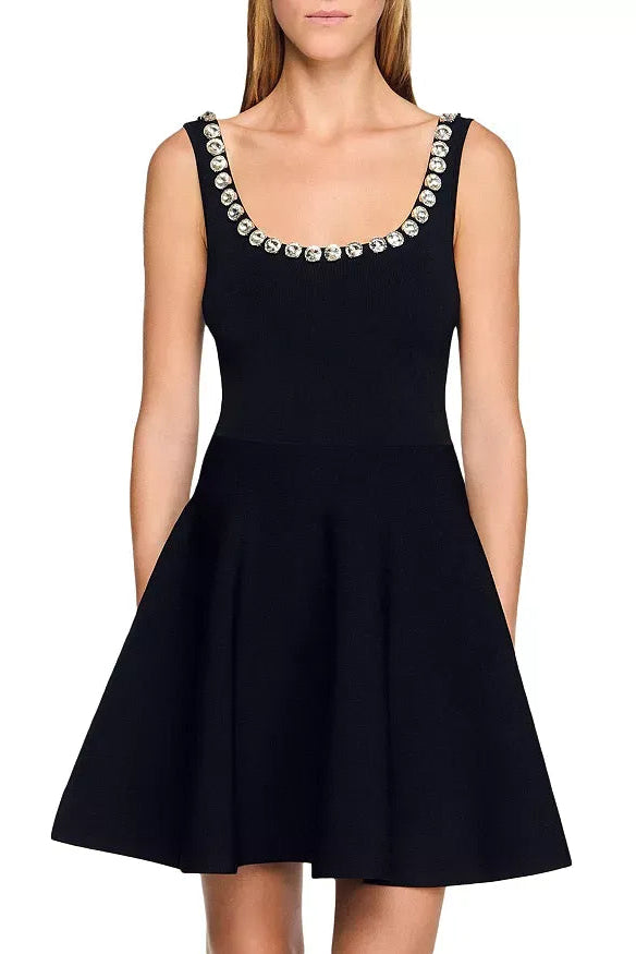 OCTAVIA RHINESTONE KNIT MINI DRESS BLACK