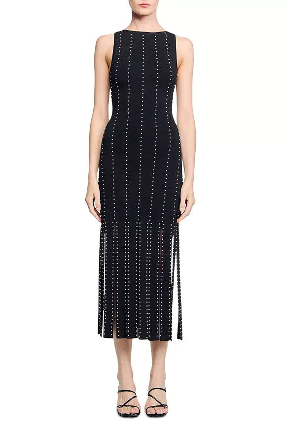MARJORIE FRINGED BLACK KNIT MAXI DRESS