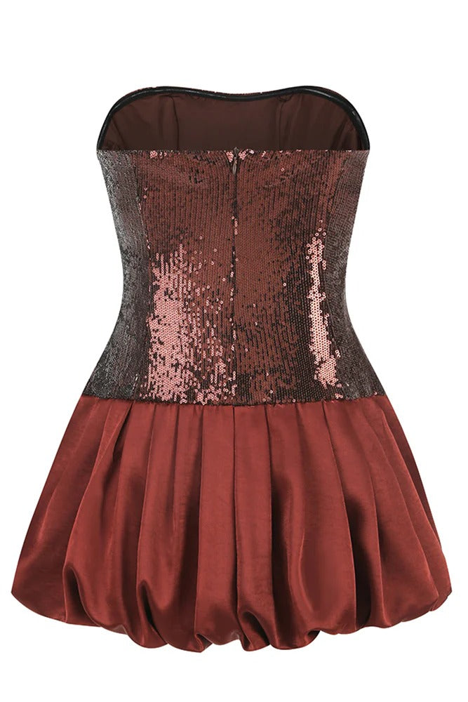 GLAMOUR STRAPLESS SEQUIN BUBBLE MINI DRESS BROWN