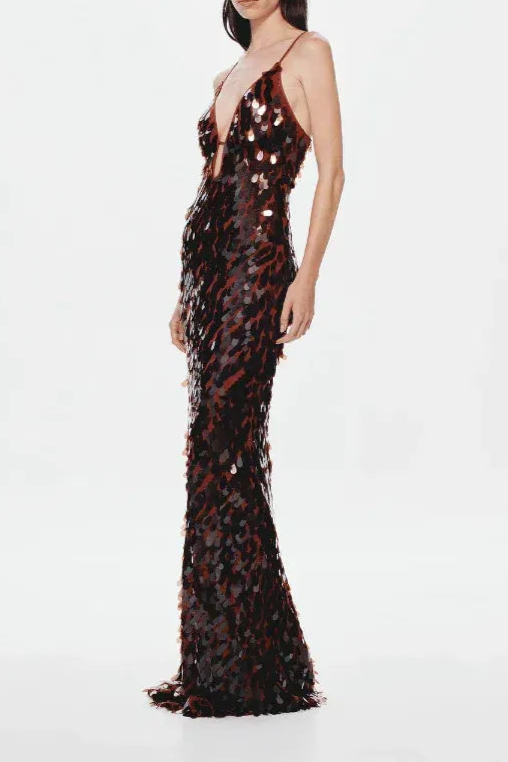 SEQUIN BROWN MAXI DRESS FOR EVENING PARTY
