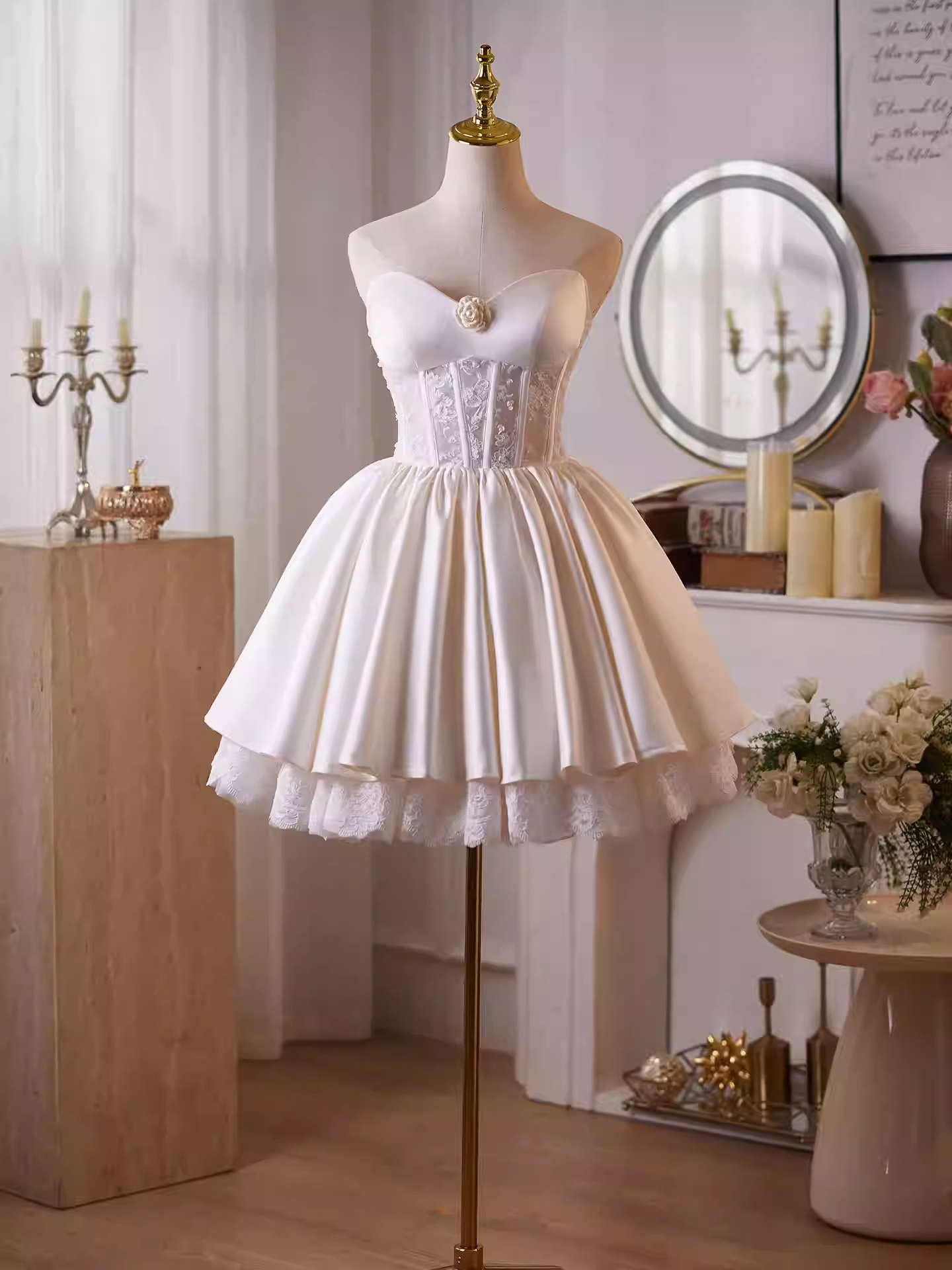 HELEN WHITE LACE SATIN STRAPLESS MINI DRESS