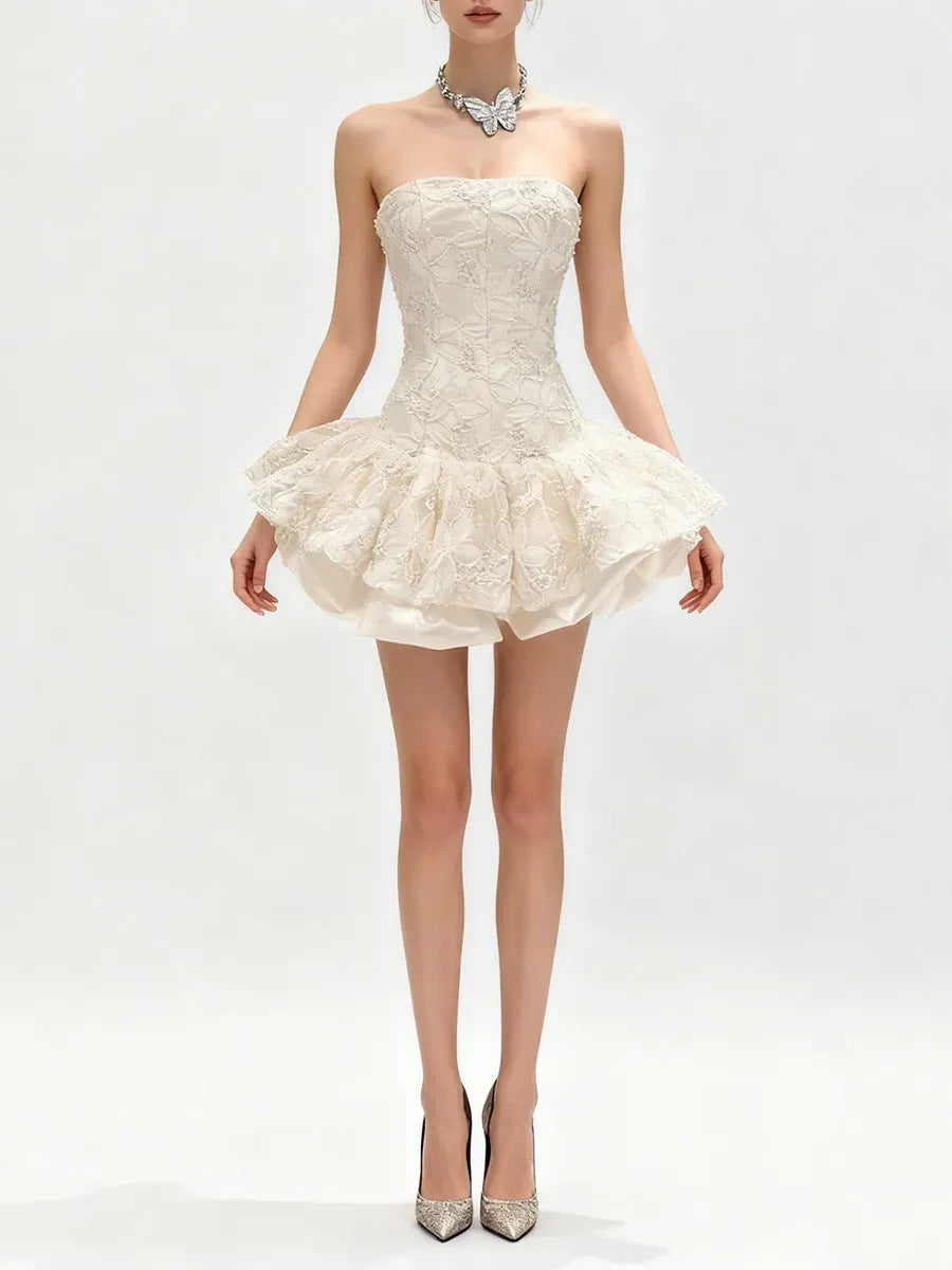 KATHERINE EMBROIDERED LACE RUFFLE MINI DRESS, PINK