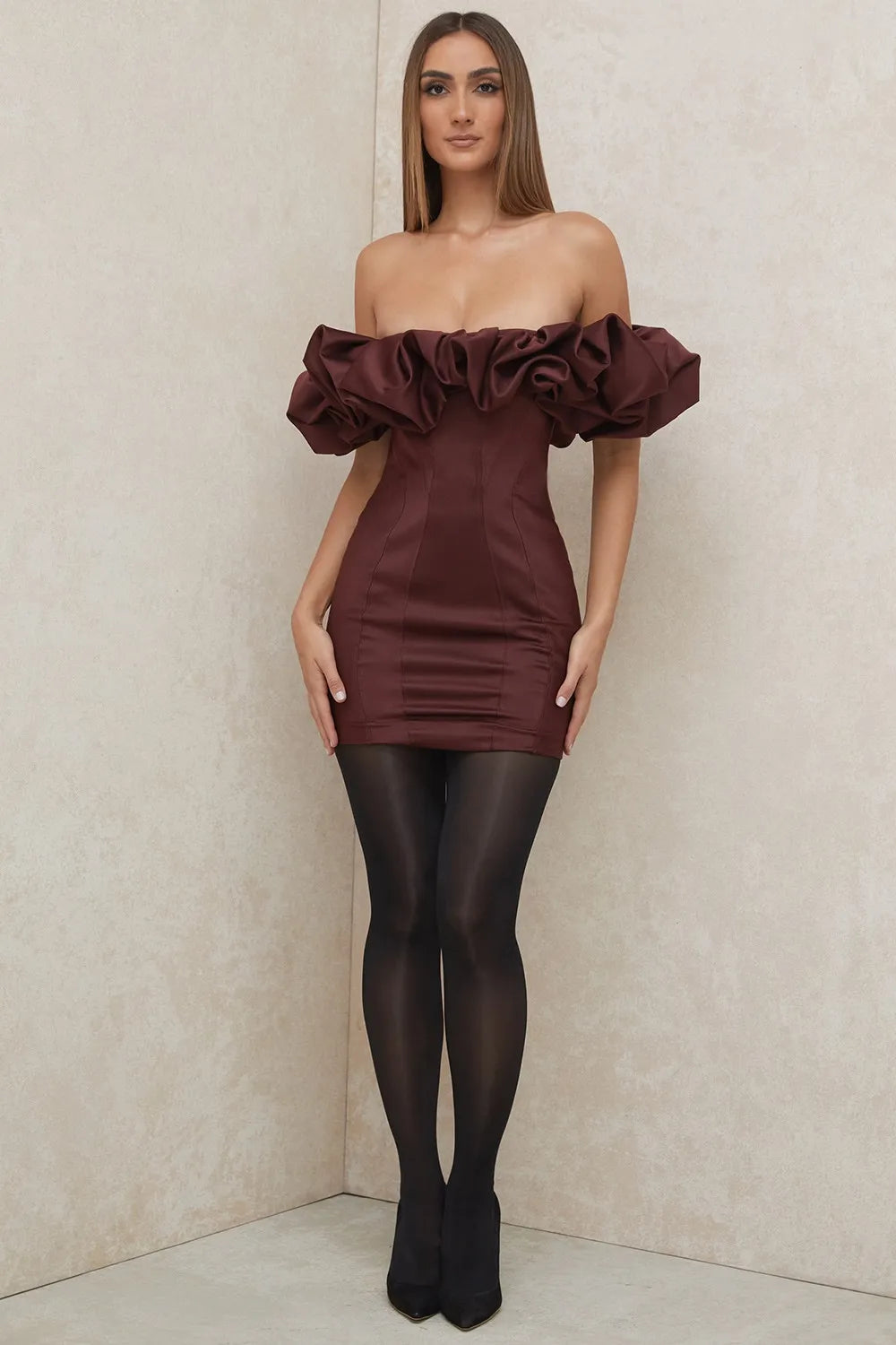 BURGUNDY SATIN RUFFLE STRAPLESS MINI DRESS