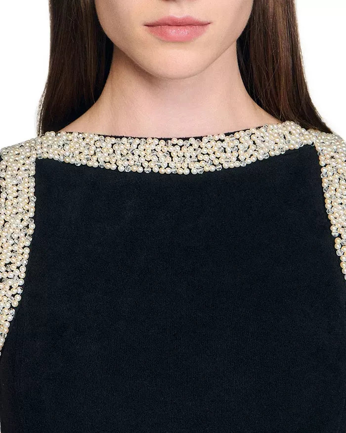 SIMONA BEADED RUFFLE MINI DRESS, BLACK