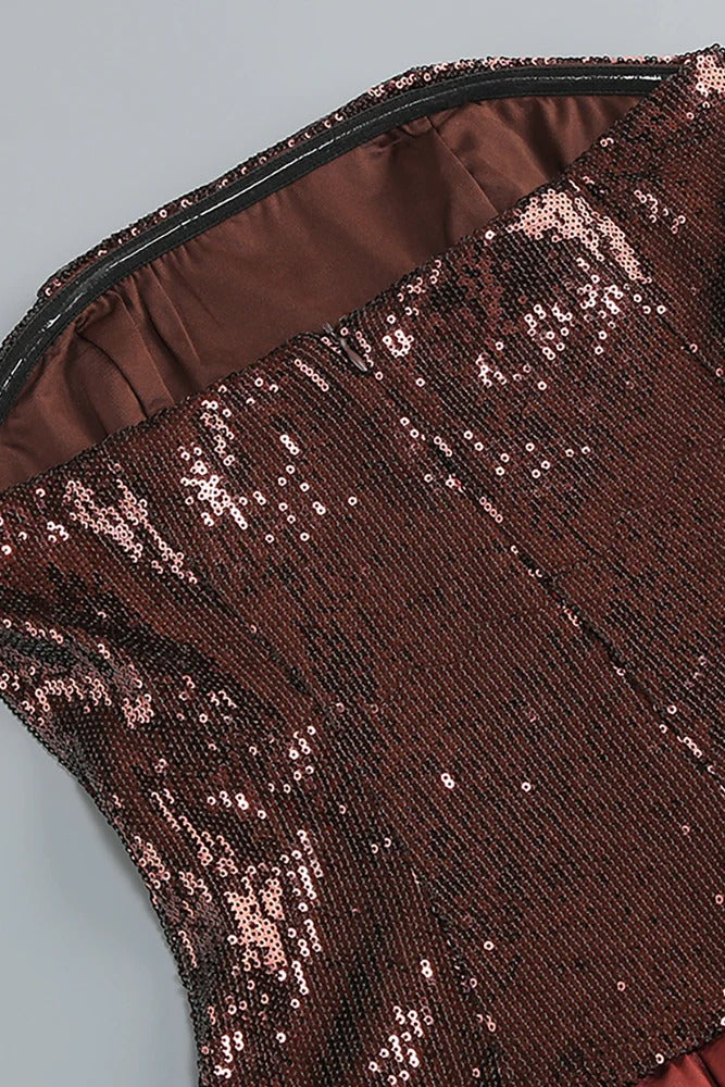 GLAMOUR STRAPLESS SEQUIN BUBBLE MINI DRESS BROWN