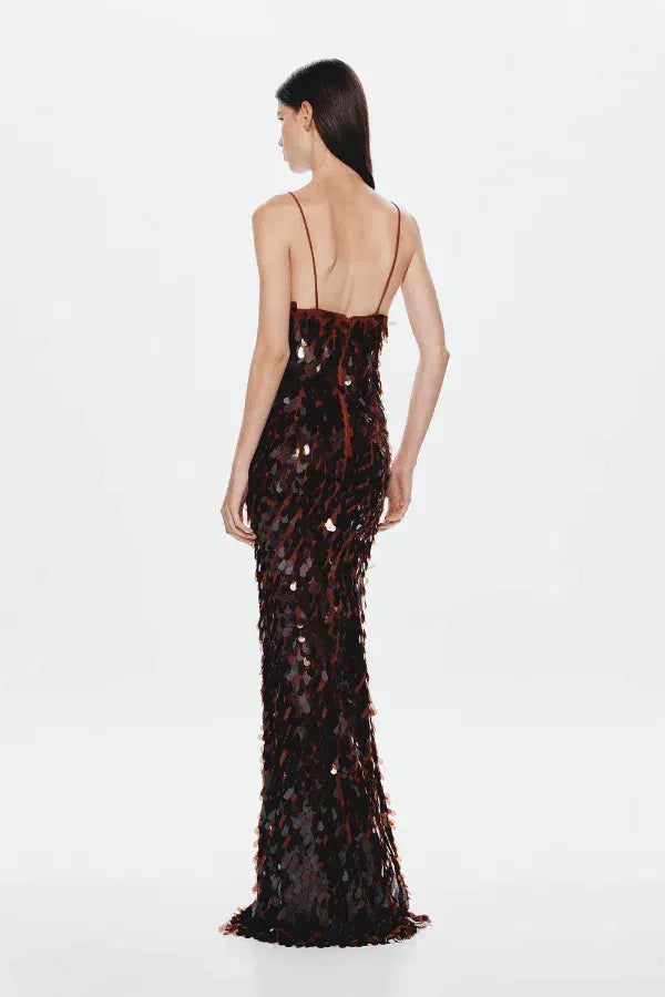 SEQUIN BROWN MAXI DRESS FOR EVENING PARTY